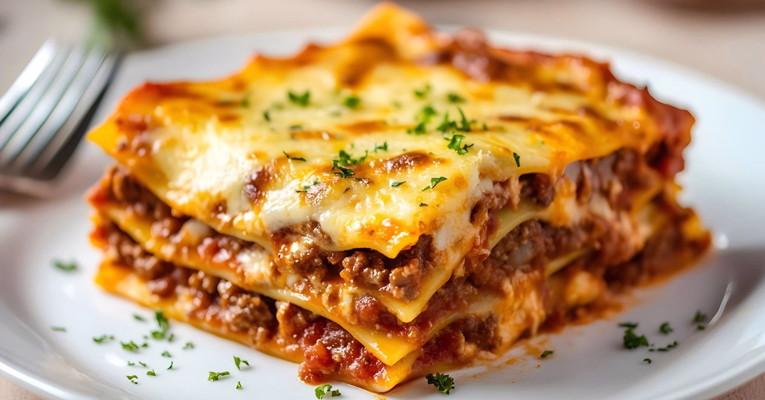 A slice of meat lasagna with melted, browned cheese and a sprinkle of parsley on a white plate, with a fork beside it.